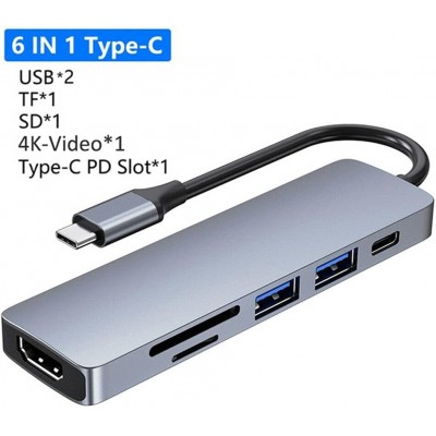 Image de Hub 6 en 1 de type C avec lecteur de cartes, HDMI 4K, Type C et 2*USB